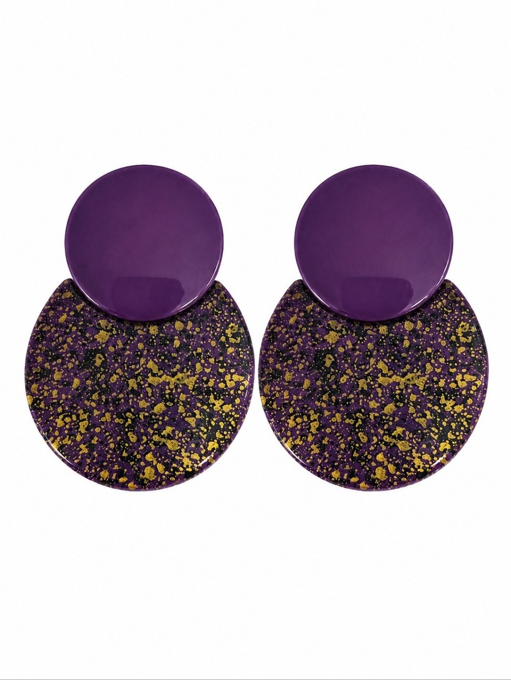 Vintage 1980s Purple Paint Splatter Enamel Circle Statement Earrings